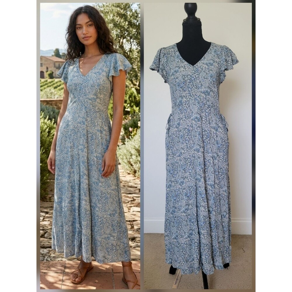 Frye & Co. Paisley Maxi Dress Blue Flutter Sleeve Boho Prairie Pockets V-Neck XS